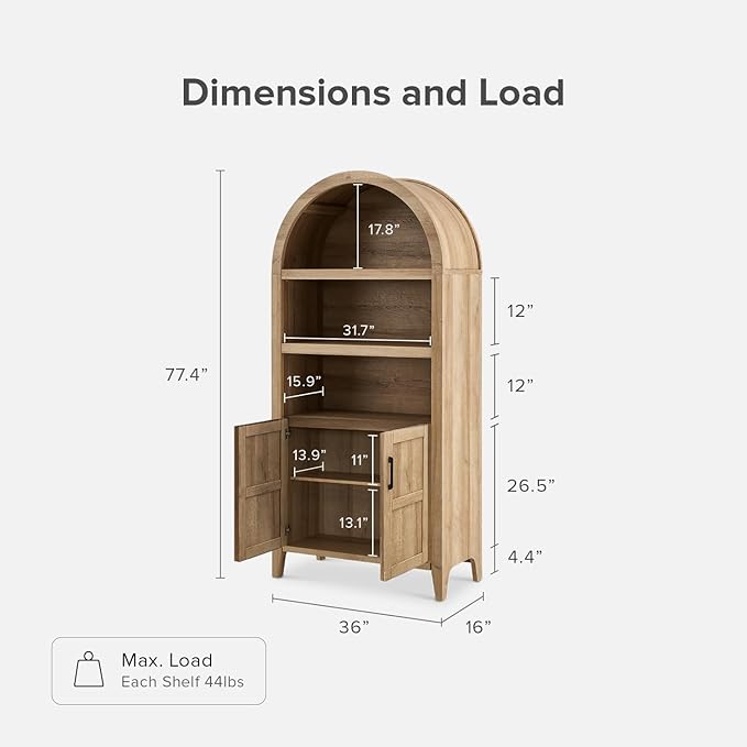 mopio Lauren 77.4" Tall Arched Cabinet, The Original 5-Tier Bookcase with Doors and Adjustable Shelves, Arch Bookshelf with Storage, Wooden Storage Cabinet for Living Room and Kitchen Pantry (Oak)