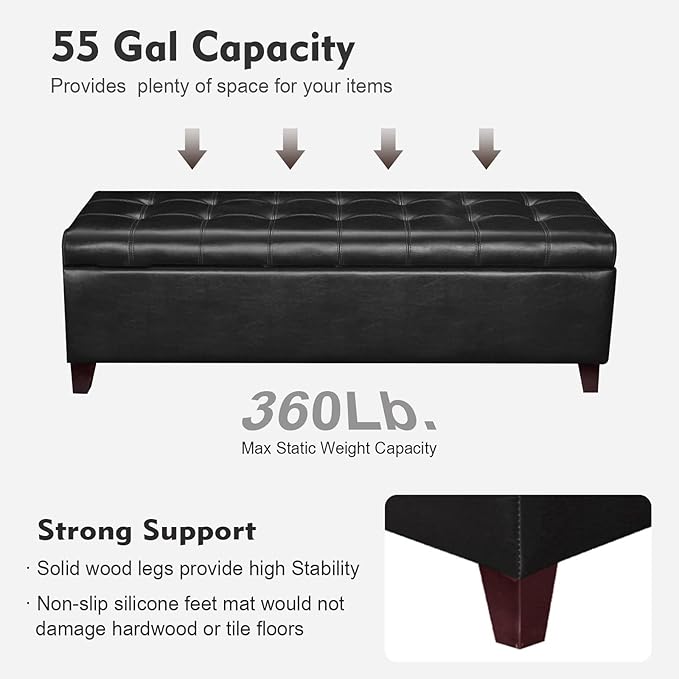 DECO DE VILLE Ottoman with Storage, 51 Inch End of Bed Storage Ottoman Bench, Faux Leather Upholstered Ottomans with Hinged Lid, Rectangle Long Foot Rest Bench for Entryway Living Room Bedroom Black