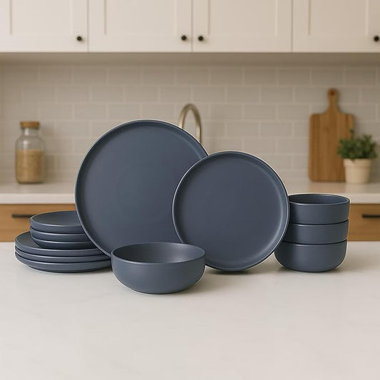 Furrnook 12-Piece Stoneware Dinnerware Set with Mugs | Microwave and Dishwasher Friendly | Stackable Matte Glaze Plates & Bowls | Service for 3 (Blue for 4)
