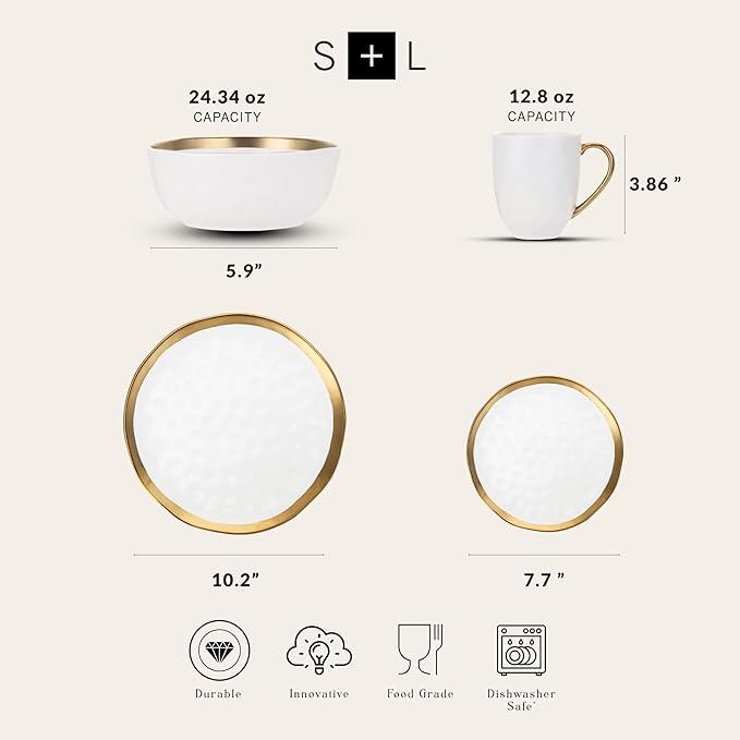 Stone Lain Modern Poreclain 16 Piece Dinnerware Set, Plates and Bowls Set, Dish set for 4, White And Golden Rim