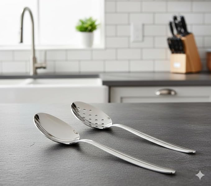 2 Pack 8 inch Kunz Small Regular and Perforated Sauce Spoon Set | 18/10 Stainless Steel Chef Spoon (Small Regular and Perforated)