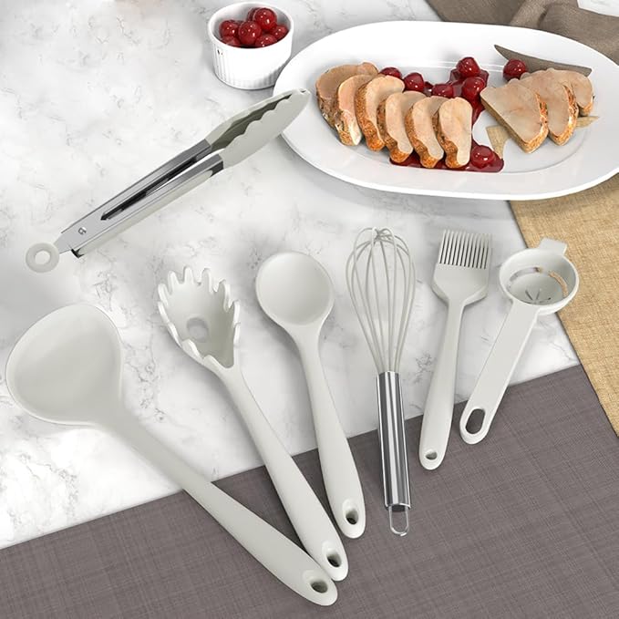 AOTHOD Silicone Cooking Utensils Set - 446째F Heat Resistant Silicone Kitchen Utensils,Spatula,Spoon, Kitchen Utensil Sets Gadgets Tools Set for Nonstick Cookware,Dishwasher Safe Bpa Free (Cream White)