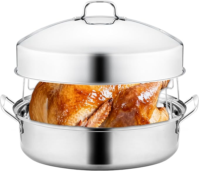 22" Stainless Steel Roasting Pan with Lid and Rack,25LB Capacity,Large Roaster Pan for Oven,Nonstick Roasting Pan for Turkey,Chicken,Gifts for Mom,Wife