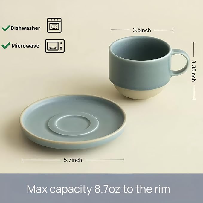 8oz Minimalist Handmade Ceramic Cappuccino Barista Cup with Saucer ??Artisanal Stoneware Espresso Coffee Mug, Lead-Free Latte Art Mug竊똇andmade Pottery tea mug or tea cup (Matte Light Blue)