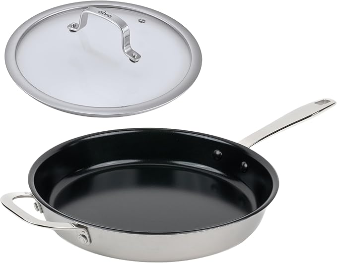 Alva Maestro Nonstick Stainless Steel Frying Pan??1????Oven?멣afe, Induction & All?멣tove Compatible, Made with No PFAS/PFOA/PTFE, Even?멖eat Tech, Glass Lid Included