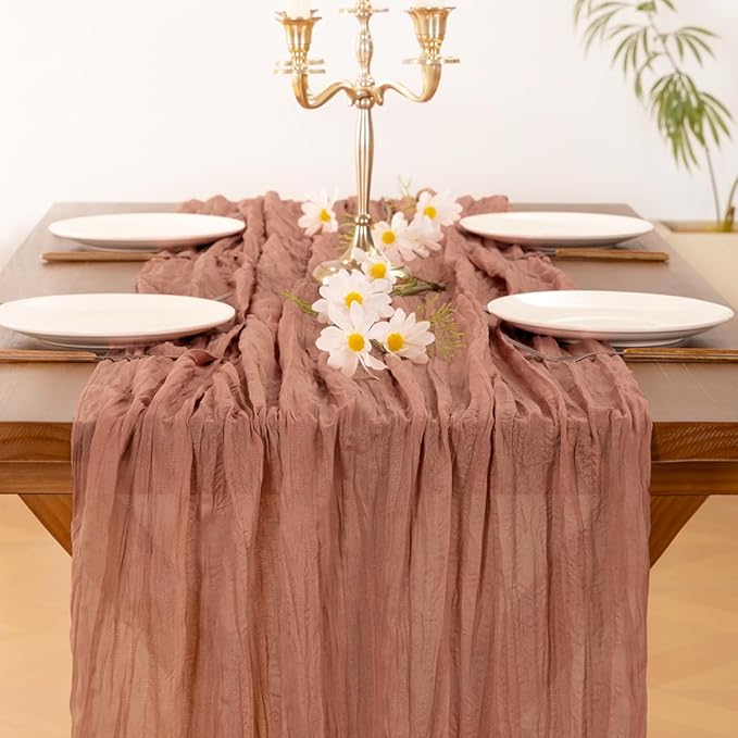 Socomi 6pcs Dusty Rose Valentine's Day Cheesecloth Table Runner Boho Rustic Gauze 120 inch 10FT Cheese Cloth Runner for Wedding Party Baby Shower Birthday Home Decor Holiday Decorations