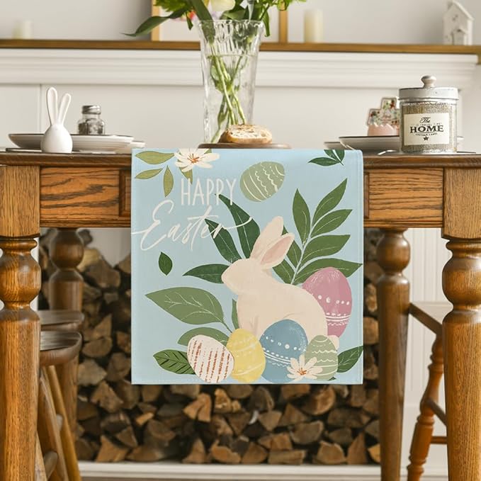 Artoid Mode Blue Bunny Eggs Leaves Flowers 210 GSM Easter Table Runner, Seasonal Spring Kitchen Dining Table Decoration for Home Party Decor 13x36 Inch