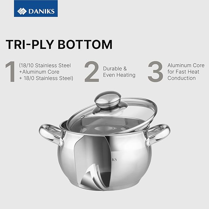 Daniks Classic 4 Quart Stainless Steel Stock Pot with Glass Lid, Tri-Ply Bottom for Even Heating, Induction Compatible, Dishwasher Safe