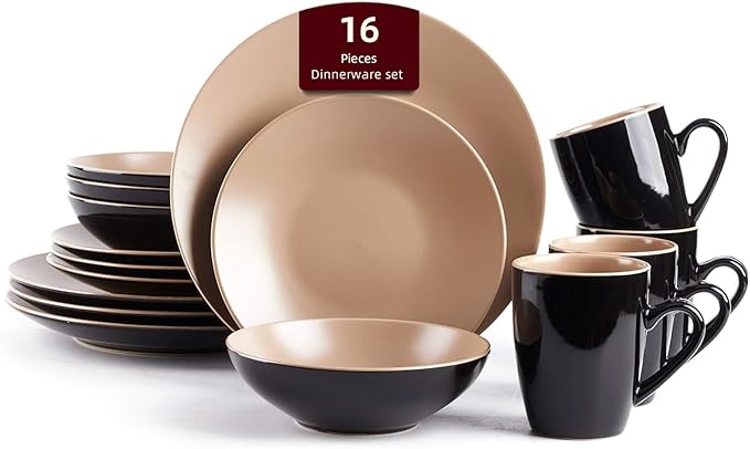 Stoneware Two-Tone Colors Life 16pc Dinner Set, Outside Shiny Black + Inside Matte Glaze Warm Beige