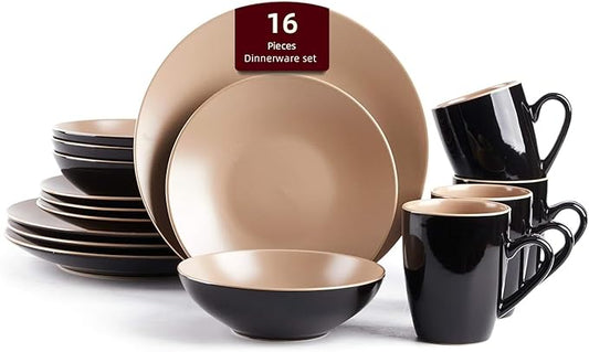 Stoneware Two-Tone Colors Life 16pc Dinner Set, Outside Shiny Black + Inside Matte Glaze Warm Beige