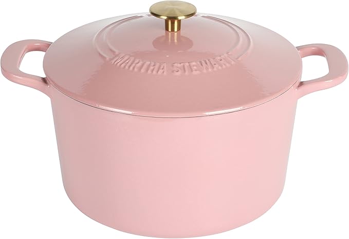MARTHA STEWART Gatwick 7-Quart Enamel Cast Iron Dutch Oven Pot with Lid ??Pink ??Heavy-Duty Dutch Oven for Slow Cooking, Braising & Baking