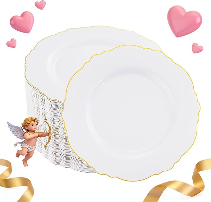 WDF 60pcs Gold Dessert Plates-7.5inch Baroque White and Gold Small Plastic Plates/Disposable Dessert/Salad/Appetizer Plastic Plate for Upscale Valentine's Day/Wedding/Birthday