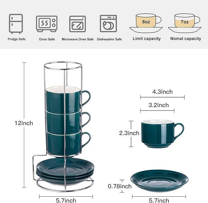 8oz Porcelain Cappuccino Cups with Saucers and Metal Stand, Stackable Coffee Cups for Specialty Coffee Drinks, Cappuccino, Latte, Espresso, Americano and Tea - Cups Set of 4, Green