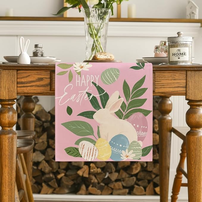 Artoid Mode Pink Bunny Eggs Leaves Flowers 210 GSM Easter Table Runner, Seasonal Spring Kitchen Dining Table Decoration for Home Party Decor 13x90 Inch