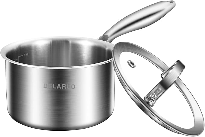 DELARLO Tri-Ply Stainless Steel 1 Quart Saucepan with Lid, Compatible With All Stove 600?? Small Pots for Cooking, Fast Even Heats, Stainless Pot 1QT, Durable Sauce Pot, Saucepan with Lid