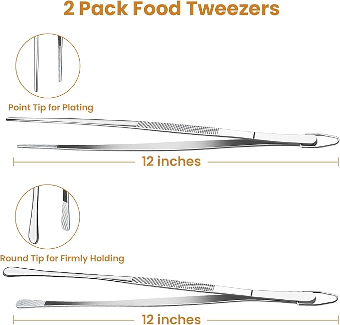 GEEKHOM Professional 12-Inch Chef Tweezers Tongs: 2-Pcs Stainless Steel with Precision Serrated Tips for Plating (Silver)