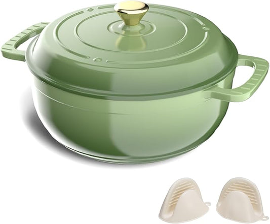 ROVSUN Enameled Cast Iron Round Dutch Oven, 6QT Pot with Lid &Dual Handles with Silicone Gloves,Oven Safe up to 500째F, Heavy-Duty Pre-Seasoned Cookware for Bread Baking, Braising, Stews, Roasting, Sage Green