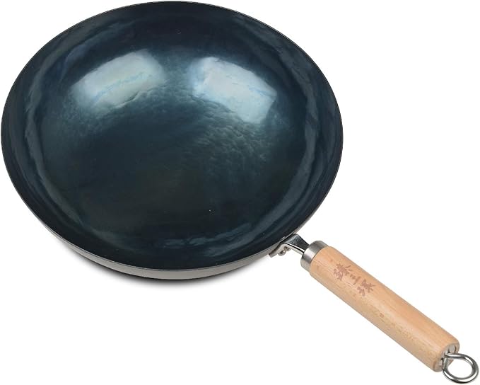 ZhenSanHuan Chinese Hand Hammered Iron Pow Woks and Stir Fry Pans Wooden Handle (Seasoned 32CM)