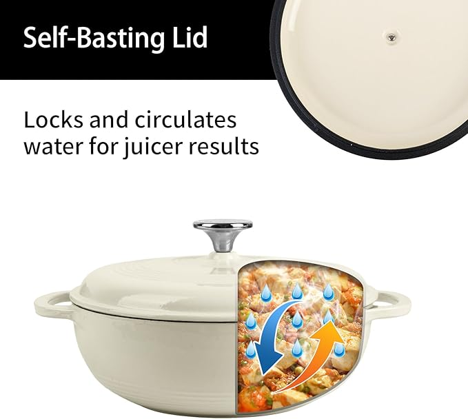 Enameled Cast Iron Dutch Oven Pot with Lid, 3 Quart Shallow Dutch Oven, Oven Safe up to 500째 F, Suitable for Bread Baking, Braising, Roasting, Stews, White