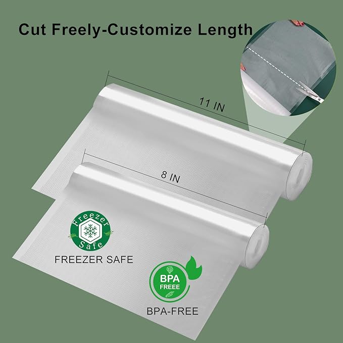 Precision Multi-layer Vacuum Sealer Bags Rolls, 8" x 20'(3 Rolls) and 11" x 20' (3 Rolls), BPA-Free Commercial Grade, Food Preservation, Food Vacuum Sealer Bags for Sous Vide and Freezer Storage