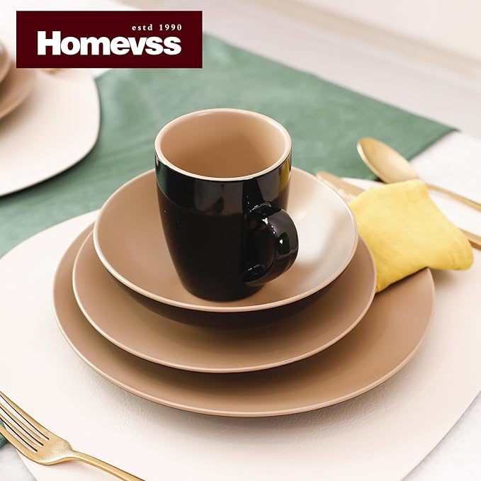Stoneware Two-Tone Colors Life 16pc Dinner Set, Outside Shiny Black + Inside Matte Glaze Warm Beige