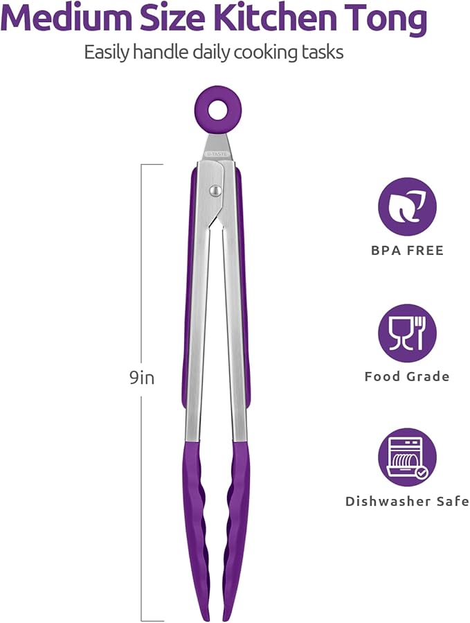 600쨘F Heat Resistant Kitchen Tongs: U-Taste 9 inch Silicone Cooking Tong with Firm Sealed Non Stick Rubber Tips & Silicon Coated 18/8 Stainless Steel Handle & Smooth Locking for Serving Grill (Purple)