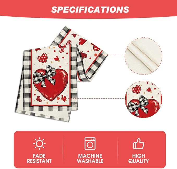 Artoid Mode Buffalo Plaid Red Heart Bow Tie Valentine's Table Runner, Seasonal Kitchen Dining Table Decoration for Home Party Decor 13x48 Inch