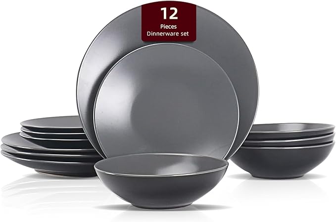 Stoneware Two-Tone Colors Life 12pc Dinner Set竊똎utside Shiny Black + Inside Matte Glaze Warm Grey