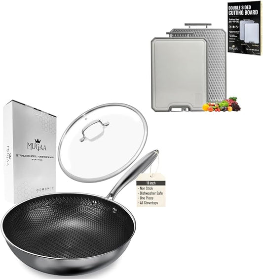 Nonstick Honeycomb Hybrid 11" Stainless Steel Wok with Lid + Medium 304 Steel Cutting Board Double Sided, Premium Kitchen Bundle