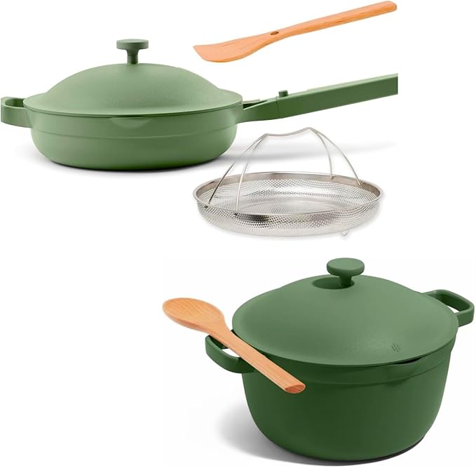 Our Place Cookware Duo | 7-Piece Ceramic Cookware Set with 10.5" Always Pan 2.0, 5.5 Qt Perfect Pot & Strainer Basket | Induction & Oven Safe up to 450째F | Nonstick, Non-Toxic Cookware | Sage