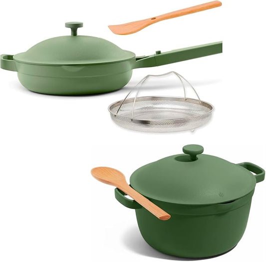Our Place Cookware Duo | 7-Piece Ceramic Cookware Set with 10.5" Always Pan 2.0, 5.5 Qt Perfect Pot & Strainer Basket | Induction & Oven Safe up to 450째F | Nonstick, Non-Toxic Cookware | Sage