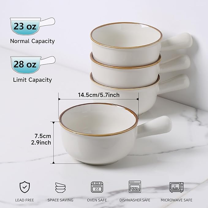 MONITO 28 Oz French Onion Soup Bowls, Ceramic Soup Bowls with Handles, Stackable Soup Crocks, Oven/Microwave/Dishwasher Safe, for Cereal, Soups, Casseroles