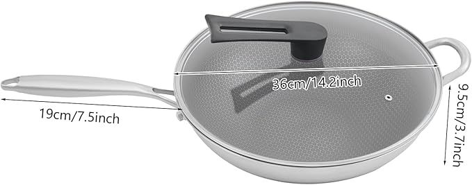 14.2 inch Stainless Steel Stir-fry Wok, Cooking Frying Pan, Non Stick Honeycomb Skillet with Stay Cool Handle, Class LId, Suitable for Induction, Ceramic, Electric, and Gas Cooktops