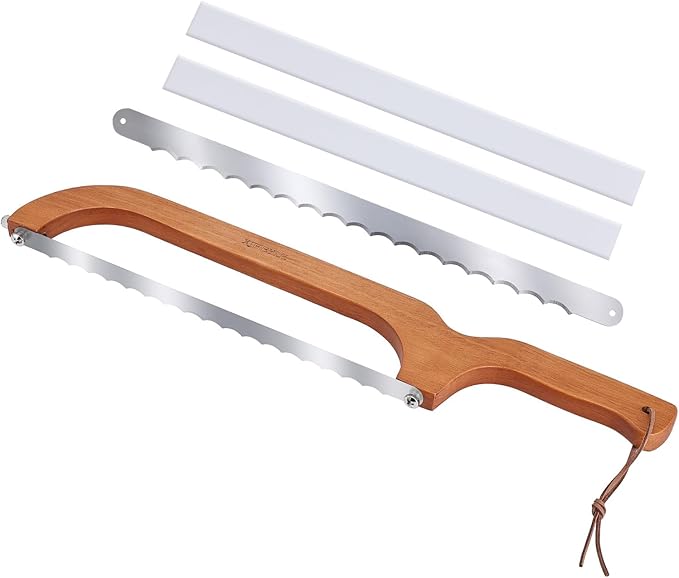 Sourdough bread knife,Bread Slicer for Homemade Bread,Adjustable blade tightness for Even Slicing, Serrated knife,Wooden Bread cutter with Bow Design (3, Natural Wood)