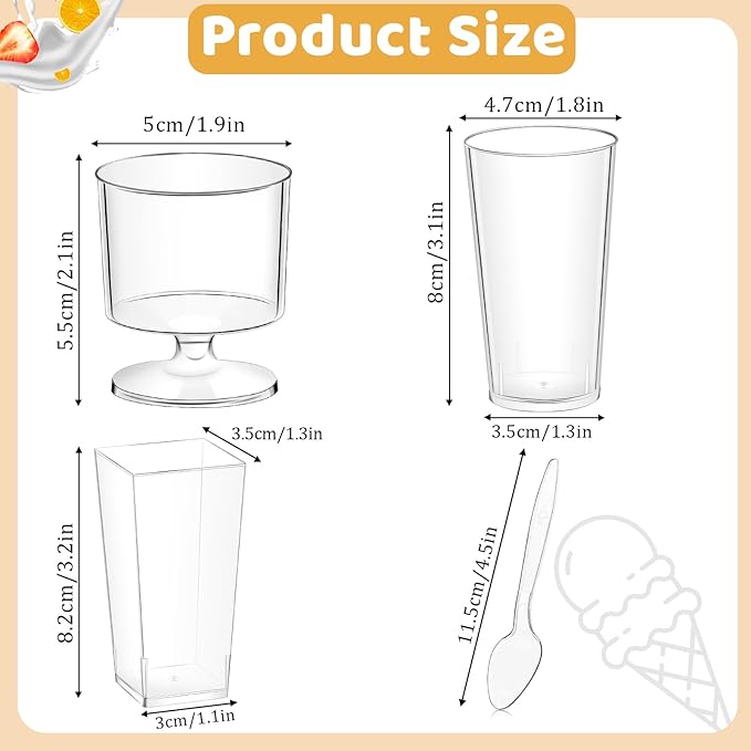 ALEXPRE 240 Packs 2/3 oz Mini Dessert Cups with Spoons, Square/Round/Round Goblet Clear Dessert Parfait Cups, Mini Plastic Dessert Cups Small Reusable Fruit Ice Cream Pudding Appetizer Cup Bowls