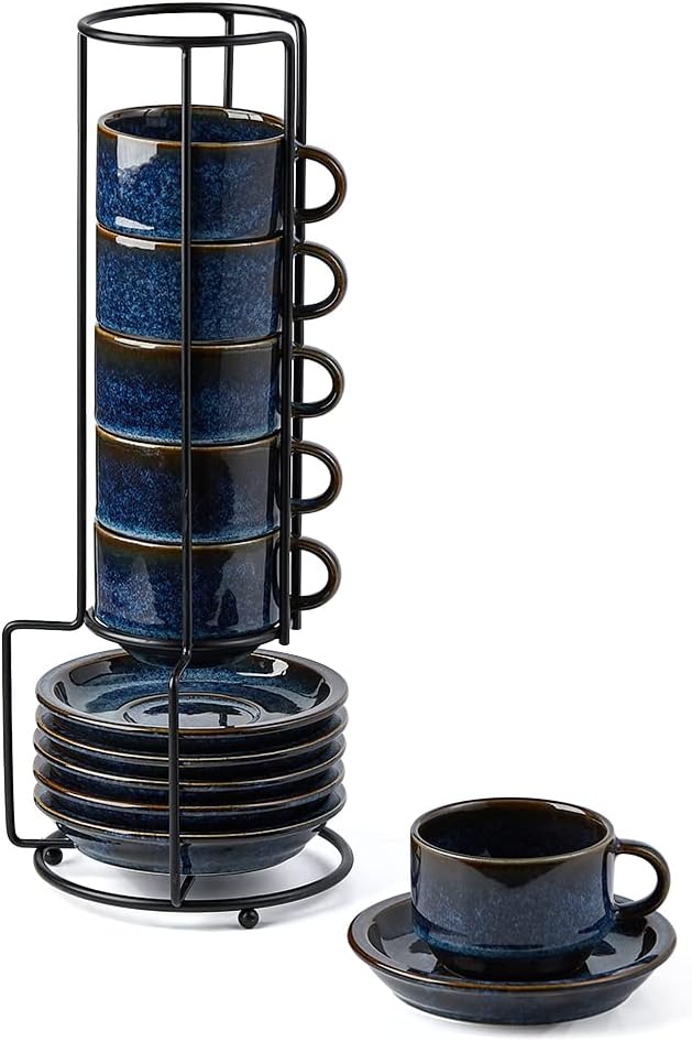 JIEMEI HOME Porcelain Stackable Espresso Cups with Saucers and Metal Stand,4 Ounce Demitasse Cups for Coffee Drinks, Latte, Tea - Set of 6, Stackable Espresso Mugs, Reactive Glaze, Bule