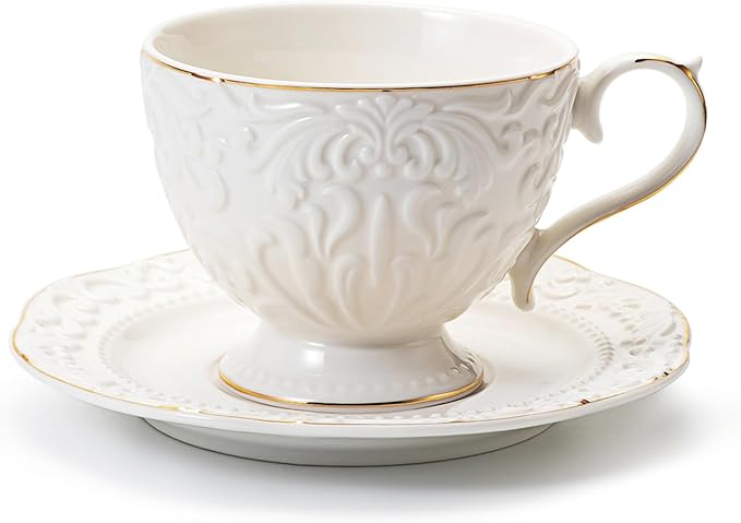 Cups and Saucers Tea Cups Set of 2, Ceramic Coffee Cups with Floral Embossed Design, 200ml (7 oz) Tea Cups and Saucers Porcelain Mugs for Birthday Party Cafe Home Mother's Day Gift
