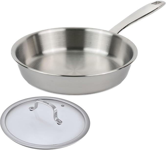 Alva Maestro 8" 5-Ply Stainless Steel Frying Pan with Glass Lid ??PFAS-Free, Non-Toxic & Oven Safe Cookware ??Induction Compatible, Even Heat Distribution, Ergonomic Stay-Cool Handle ??Belgian Design