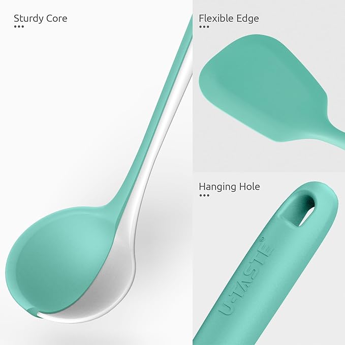600쨘F Heat Resistant Kitchen Utensil: U-Taste 13.6" Extra Long Silicone Cooking Tools Set, Food-Grade Non-Stick Solid and Slotted Turner Spatula, Mixing Spoon, and Soup Ladle (5 Pieces, Aqua Sky)