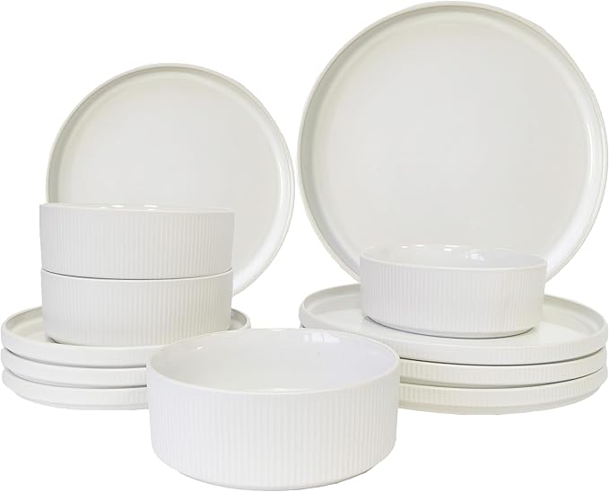 UDNORDGLOE Porcelain Dinnerware Sets for 4, 12 - Piece Ceramic Plates and Bowls Sets,Stoneware Clip and Scratch Resistant Dishware, Microwave and Dishwasher Safe, Matte White