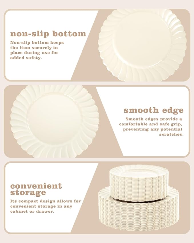 YOUBET 100PCS Ivory Scalloped Plastic Plates - Heavy Duty Disposable Fancy Hard Plates Include 50 Dinner Plate, 50 Dessert Plate, for Wedding & Party