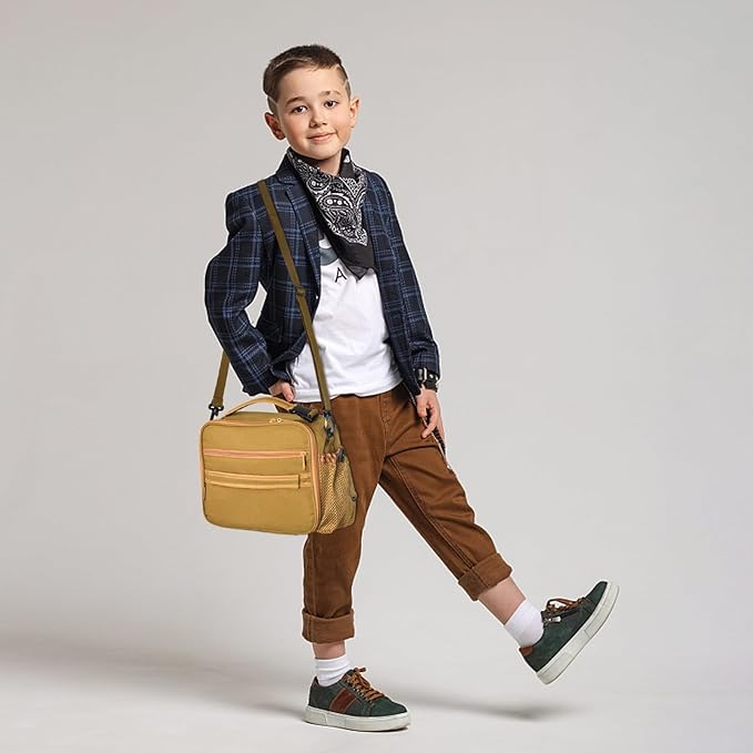 Cerbonny Kids Lunch Box, Brown, Unisex, Polyester, With Insulated Interior, Easy-Wipe Clean, 10.8"L x 4"W x 8.8"H, 4 Carrying Options