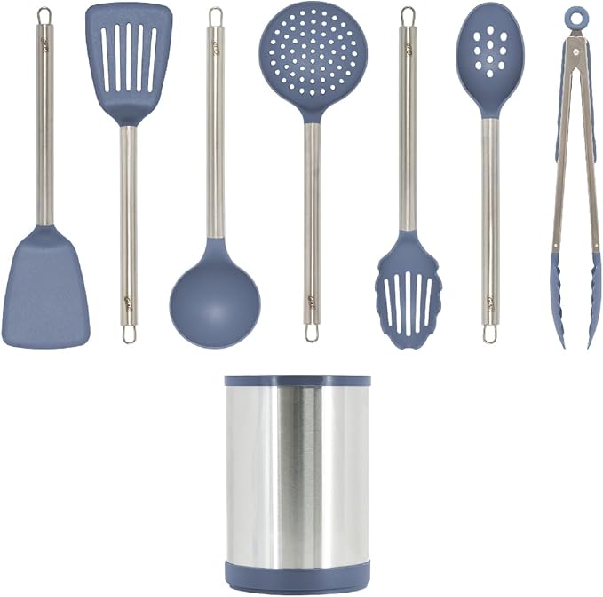 Glad Kitchen Utensils Set, 8pcs - Nonstick Cooking Tools with Stainless Steel Handles & Rotating Utensil Holder - Turners, Ladle, Spoon, Tongs, Spaghetti Server, and Skimmer - Dishwasher Safe, Blue