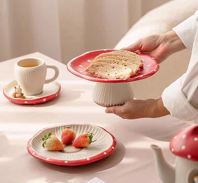 Mushroom Cake Stand, 9 in Polka Dot Safety Ceramic Display Plate Serving Tray, Cute Dinner Plates, Pasta & More.