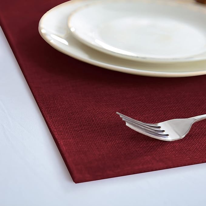 Linen Fabric Placemats Set of 4, Machine Washable, Heat Resistant, Wrinkle Free, Thick Polyester Kitchen Place Mats for Dining Table (Burgundy)