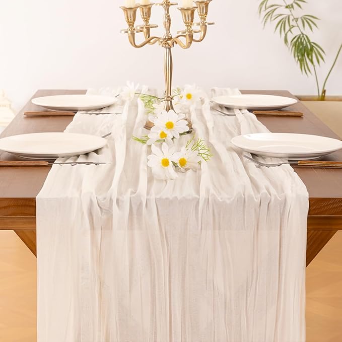 Socomi 3pcs Ivory White Cheesecloth Table Runner Valentine's Day Boho Rustic Gauze 120 inch 10FT Cheese Cloth Runner for Wedding Party Baby Shower Birthday Home Decor Holiday Decorations