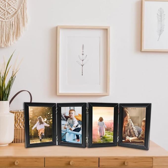 POILKMNI 4 Folding 5x7 Inch Hinged Picture Frame High Definition Natural Wood Picture Frame Rustic Desktop Acrylic Frame Family Photo Collage for Birthday Father's Day Christmas Family Lover Gift