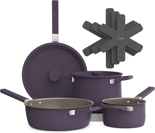 bella 9 Piece Ceramic Nonstick Cookware Set, Fits-anywhere??Kitchenware w EverGood??Coating, Dishwasher & Oven Safe, All Stovetops Compatible, Stackable Design, Cool Touch Handles, Plum