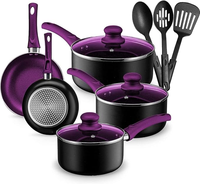 Chef?셲 Star Aluminum Pots and Pans Set for Kitchen - Nonstick Stackable Induction Cookware, 11 Pcs, Purple
