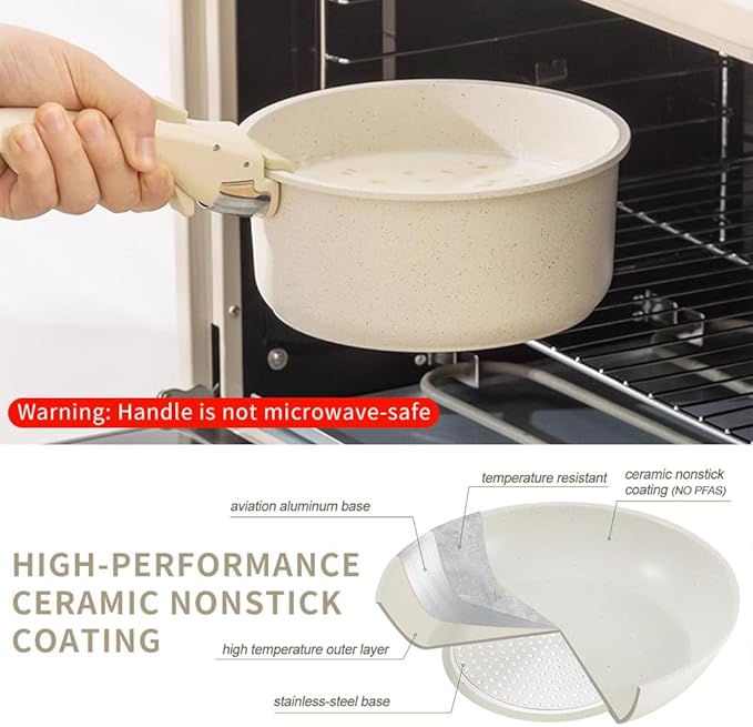 Pots and Pans Set, Non Stick Cookware With Detachable Handle - 7-Piece Stackable Cookware Set Includes 3.35in Milk Pot, 1.97in Frying Pan,3.15in Deep Frying Pan, Easy to Clean, Induction Compatible